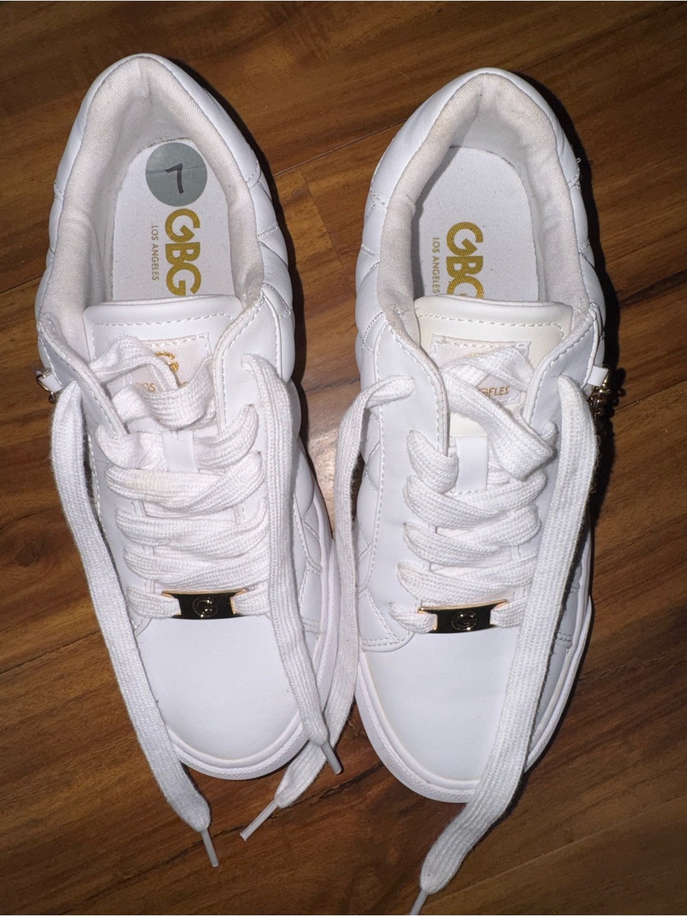 $8 Friday GBG LA White Faux Leather Quilted-Trim Sneakers Gold Accent hardware